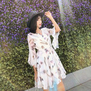 3/4-sleeve Mini Feather Print Sundress
