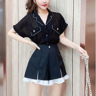 Set: Short-sleeve Shirt + Paneled Wide-leg Shorts