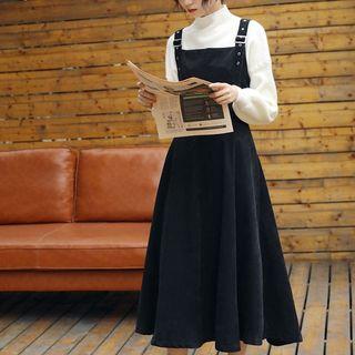 Set: Mock-neck Sweater + Corduroy Midi A-line Pinafore Dress