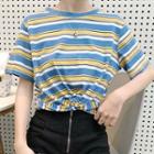 Short-sleeve Front Knot Striped T-shirt