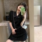Short-sleeve Collared Fluffy Mini Sheath Dress