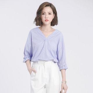 3/4-sleeve V-neck Cutout Striped Top