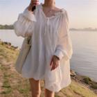 Lantern-sleeve Tie-neck Plain Loose Fit Dress White - One Size