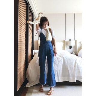 Set: Striped Top + Wrap-front Denim Suspender Pants