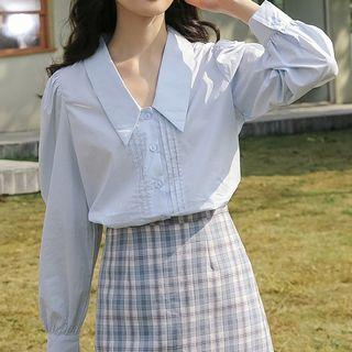 V-neck Crinkled Long-sleeve Shirt Light Blue - One Size
