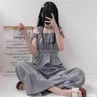Set: Plaid Camisole Top + Wide-leg Pants