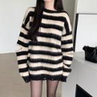 Cutout-elbow Striped Oversized Sweater Stripe - One Size