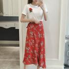 Set: Short-sleeve Floral Print Top + A-line Midi Skirt