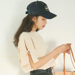 Slit-sleeve Lace-up Plain T-shirt