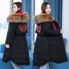 Rose Embroidered Furry-trim Hooded Padded Coat