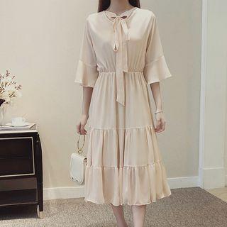 Elbow-sleeve Tie-neck A-line Chiffon Dress