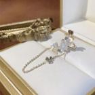 Flower Rhinestone Chained Alloy Earring 1 Pc - Clip On Earring - Left Ear - Gold - One Size