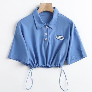 Short-sleeve Lettering Drawstring Cropped Polo Shirt