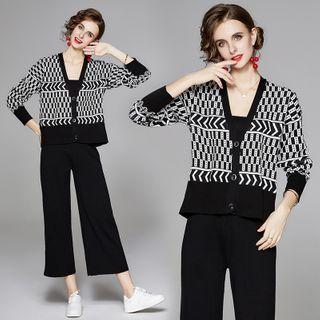 Set: Patterned Cardigan + Wide Leg Pants Cardigan - Black - One Size / Pants - Black - One Size