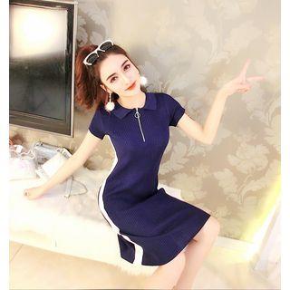 Short-sleeve Zip-collar Sheath Knit Dress