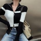 Turtleneck Two-tone Slim-fit Zip Cardigan