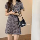 Short-sleeve Floral Print Dress Gray - One Size