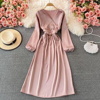 Puff Sleeve V-neck Plain Maxi Dress