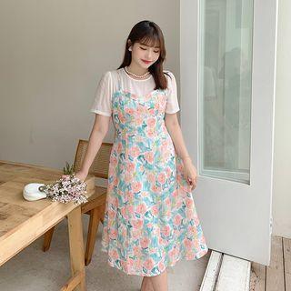 Mock Two-piece Short-sleeve Panel Floral Slit Spaghetti-strap Dress