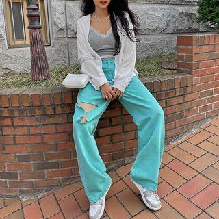 Hook-and-eye Slit Wide-leg Pants