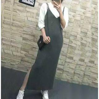 Set: 3/4-sleeve Top + Slit Maxi Knit Dress
