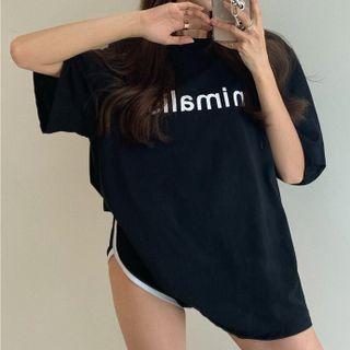 High-waist Asymmetrical Pencil Skirt / Lettering Short-sleeve Top