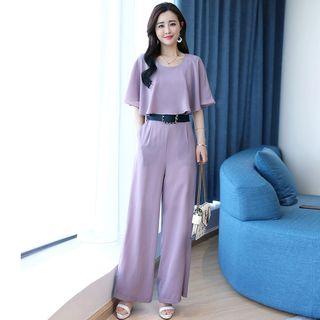 Set: Plain Cape Top + Wide-leg Pants