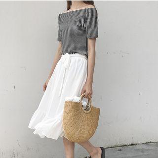 Striped Off-shoulder Short-sleeve T-shirt / Midi Skirt