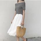 Striped Off-shoulder Short-sleeve T-shirt / Midi Skirt