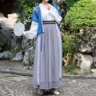 Hanfu Set: Embroidered Elbow-sleeve Light Jacket + Long-sleeve Hanfu Top + Maxi A-line Mesh Overlay Skirt + Strap