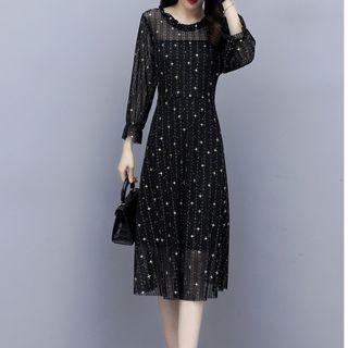 Star Print Long-sleeve A-line Midi Mesh Dress