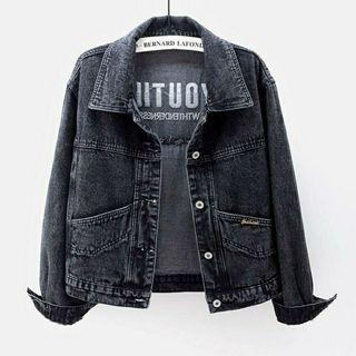 Letter Embroidered Denim Cropped Jacket