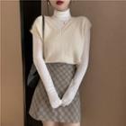 Long-sleeve Turtleneck Top / Sleeveless Knit Top / Plaid Pencil Skirt