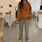 Lettering Sweatshirt/ Plaid Wide-leg Pants
