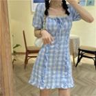 Short-sleeve Frill Trim Check Mini Sheath Dress