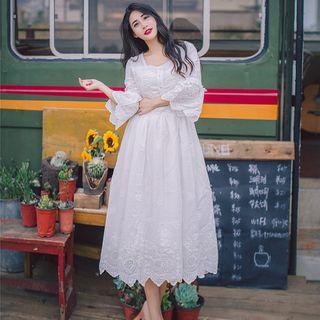 Embroidered Bell-sleeve A-line Midi Dress