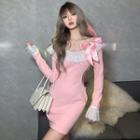 Long-sleeve Off-shoulder Lace Trim Cutout Mini Bodycon Dress