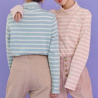 Embroidered Striped Turtleneck Long-sleeve Top