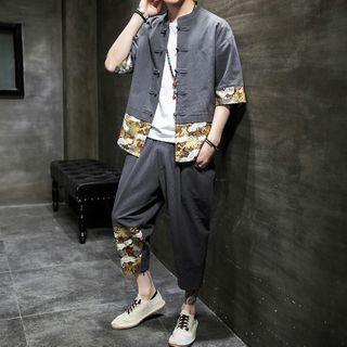 Set: Elbow-sleeve Floral Print Shirt + Harem Pants