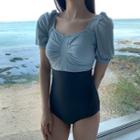 Striped Panel Puff-sleeve Swimsuit