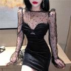 Long-sleeve Dot Mesh Mini Dress