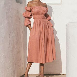 Off-shoulder Shirred A-line Midi Dress