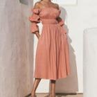 Off-shoulder Shirred A-line Midi Dress