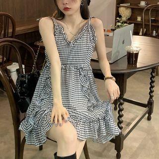 Spaghetti Strap Plaid Ruffle Mini A-line Dress Plaid - Black & White - One Size
