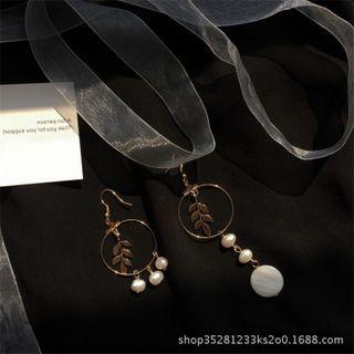 Leaf Hoop Faux Pearl Asymmetrical Alloy Dangle Earring