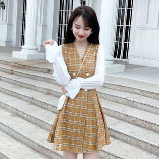 Long-sleeve Plaid Panel Double Breasted A-line Mini Dress