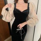 Lantern-sleeve Velvet Midi Sheath Dress