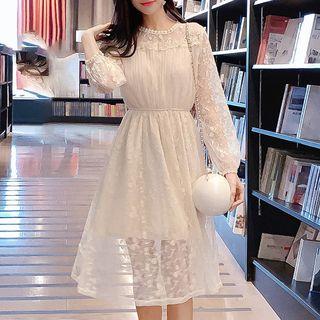 Long-sleeve Embellished Midi A-line Lace Dress