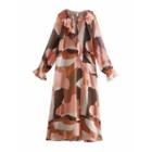 Lantern-sleeve Color Block Midi A-line Dress