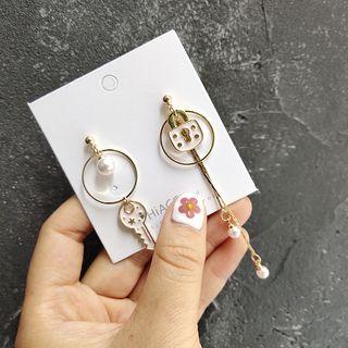 Non-matching Faux Pearl Alloy Lock & Key Dangle Earring 1 Pair - As Shown In Figure - One Size